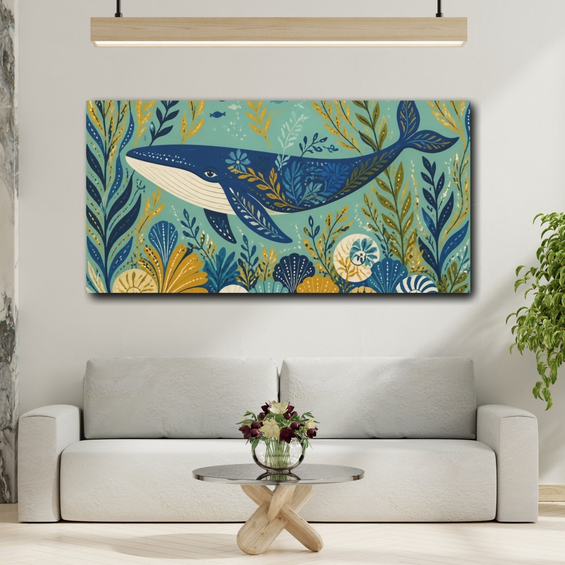Mockup 2. Decorative Blue Whale shown as canvas print
