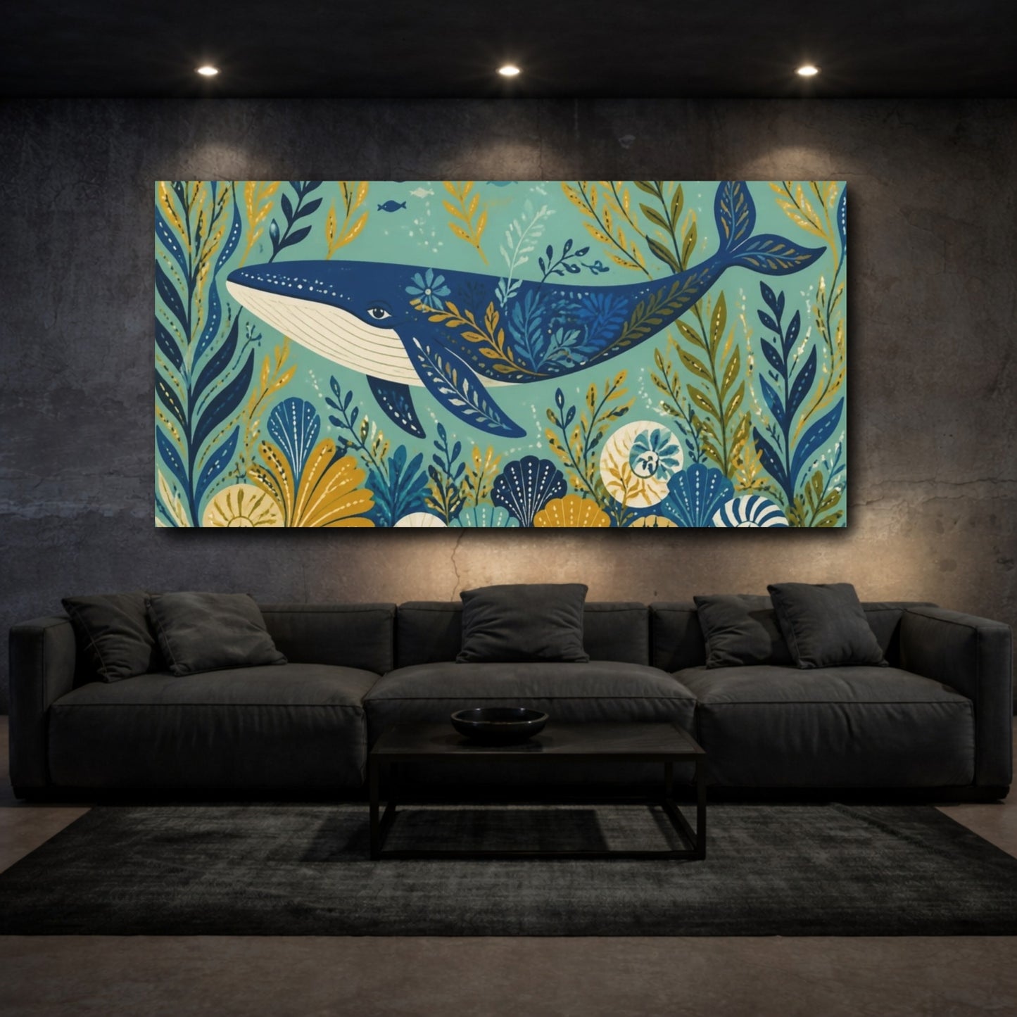 Mockup 3. Decorative Blue Whale shown as canvas print