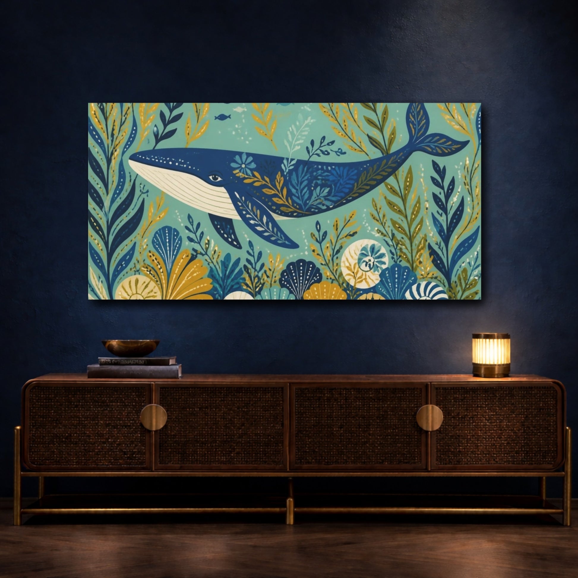 Mockup 4. Decorative Blue Whale shown as canvas print