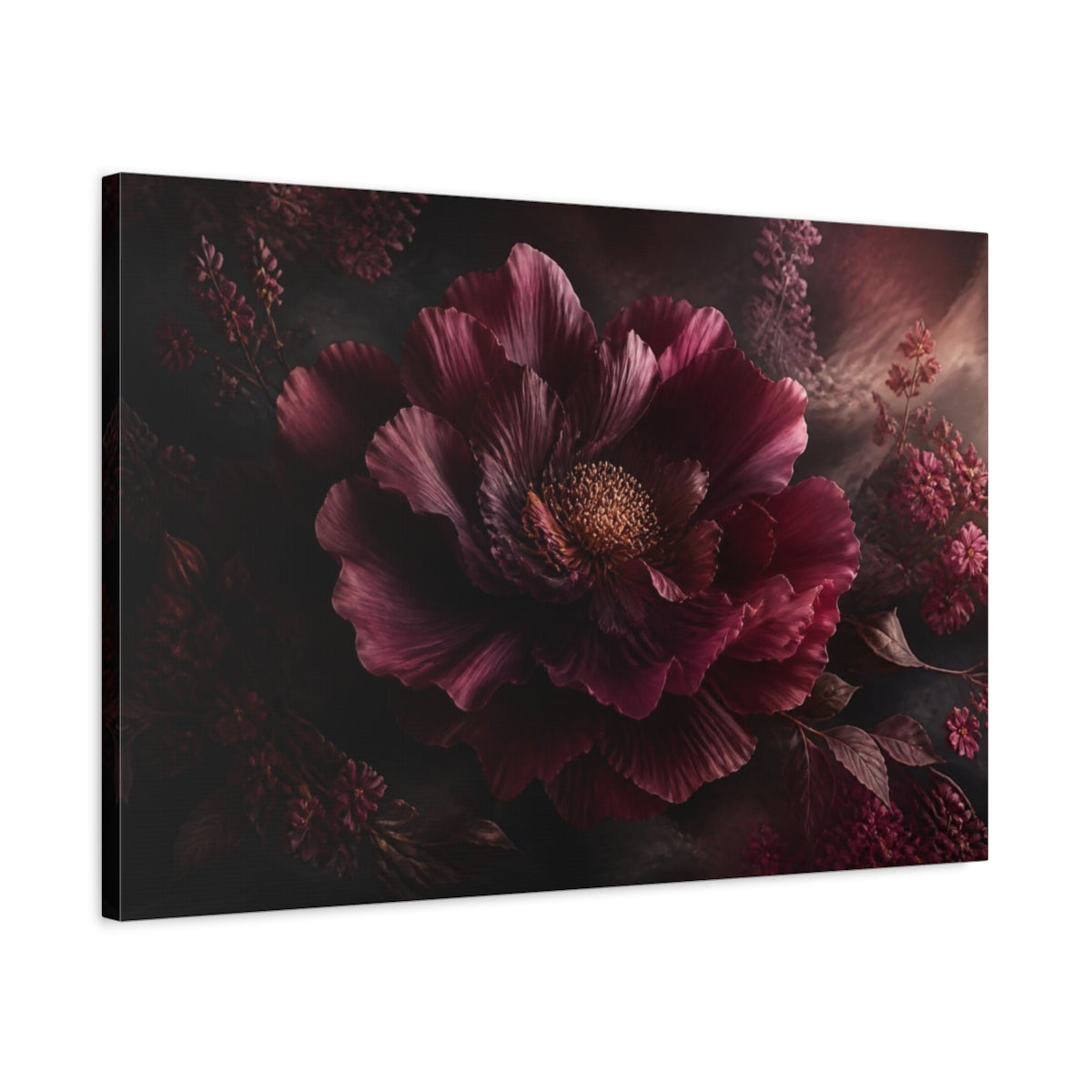Side Mockup 2. Deep Burgundy Peony shown as canvas print