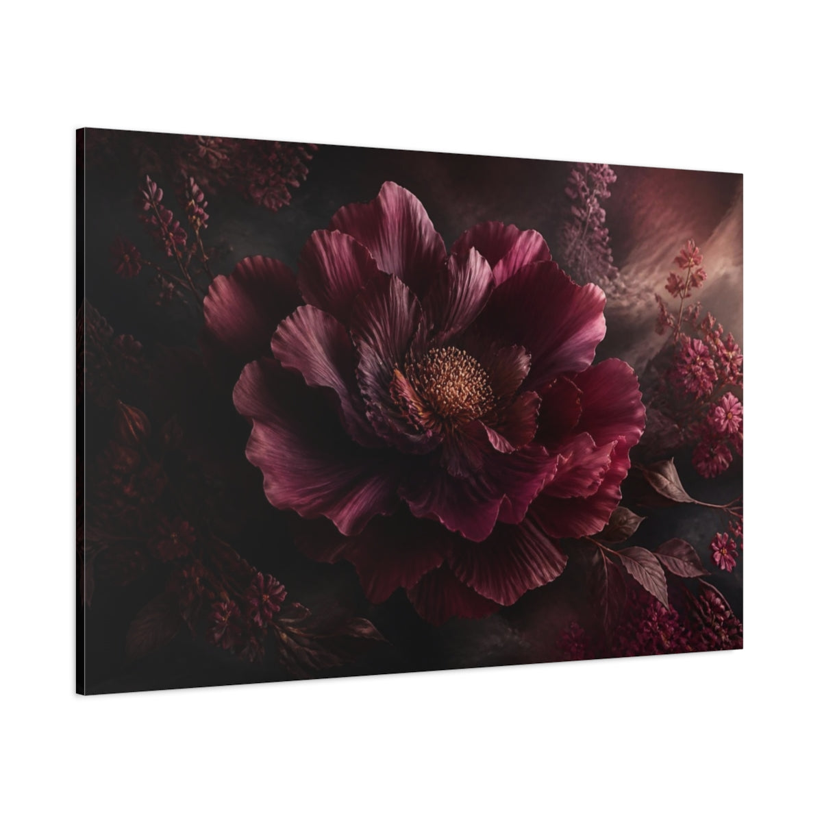 Side Mockup 1. Deep Burgundy Peony shown as canvas print