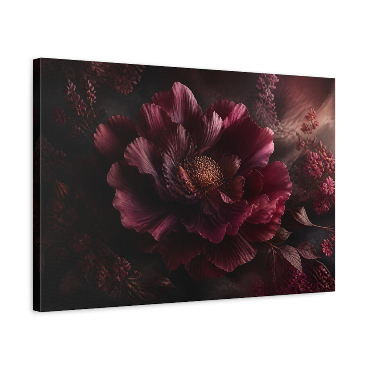Side Mockup 3. Deep Burgundy Peony shown as canvas print