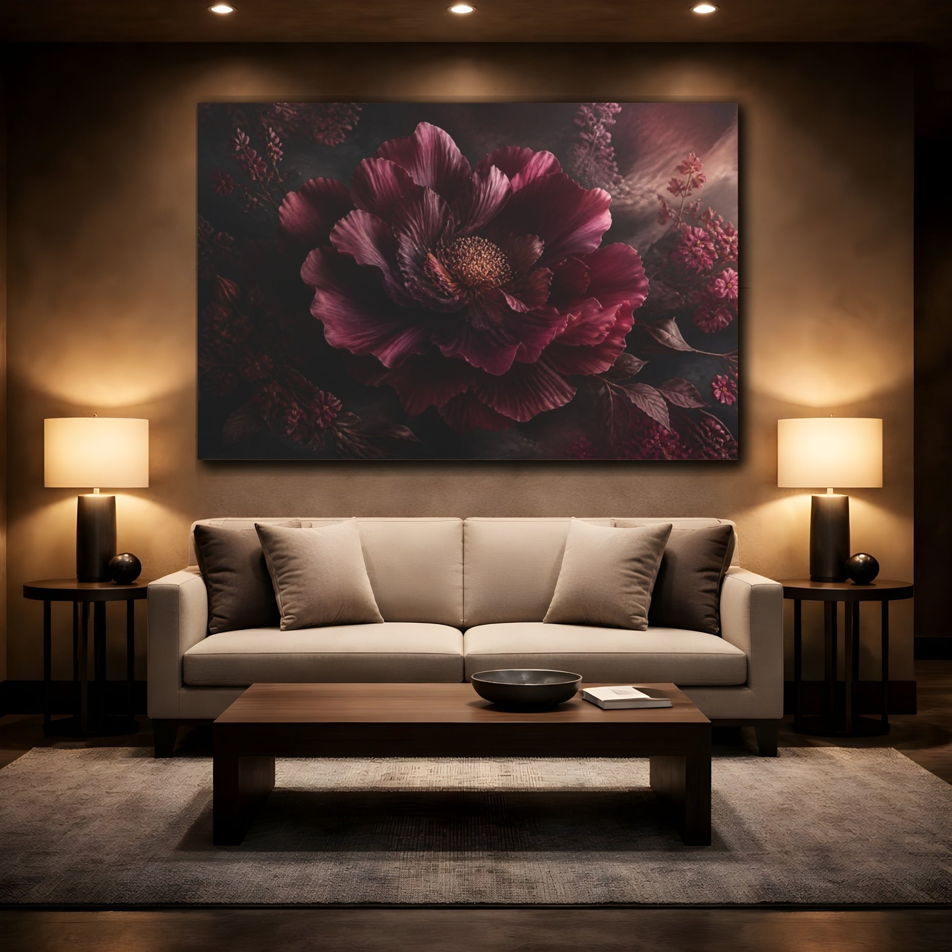 Mockup 2. Deep Burgundy Peony shown as canvas print