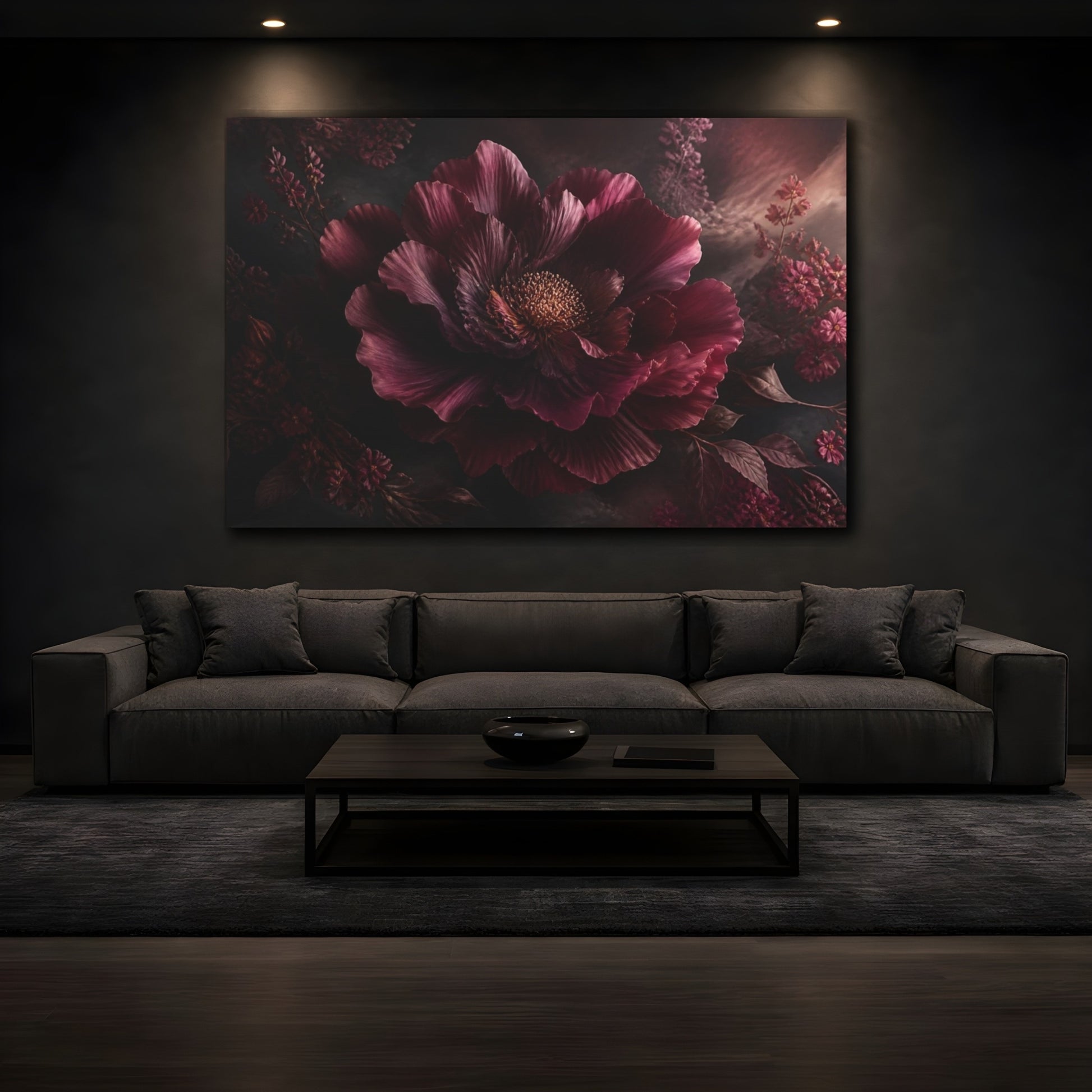 Mockup 3. Deep Burgundy Peony shown as canvas print
