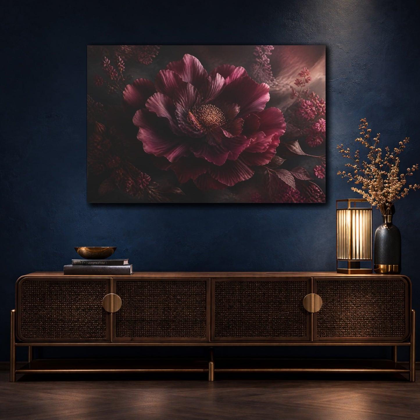 Mockup 4. Deep Burgundy Peony shown as canvas print