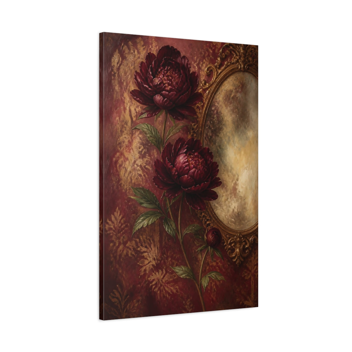 Main Mockup. Deep Maroon Peony Flowers shown as canvas print
