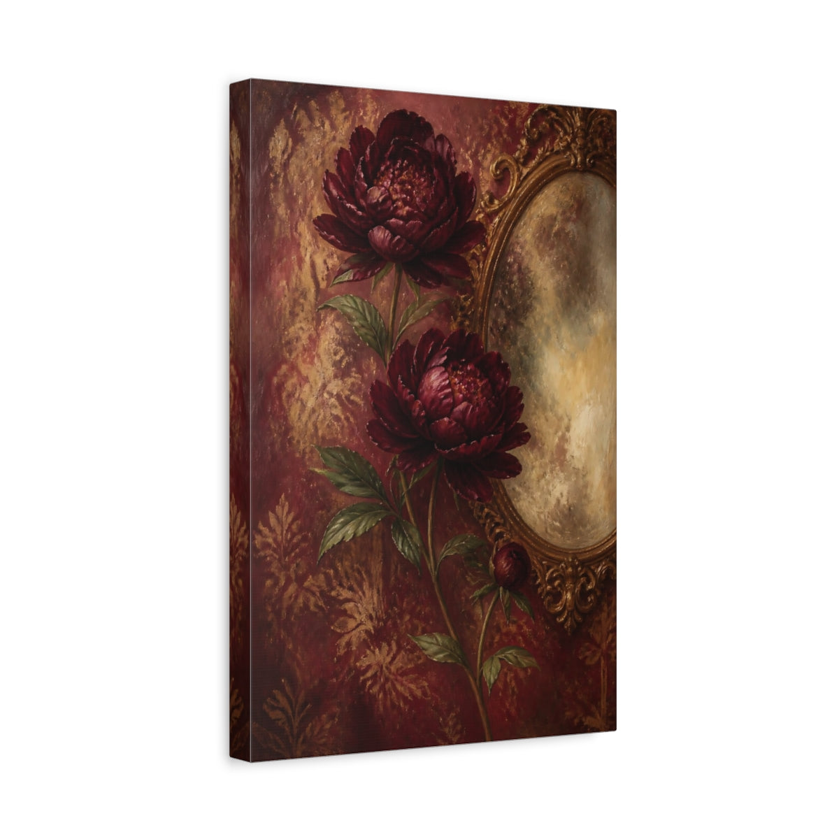 Side Mockup 4. Deep Maroon Peony Flowers shown as canvas print