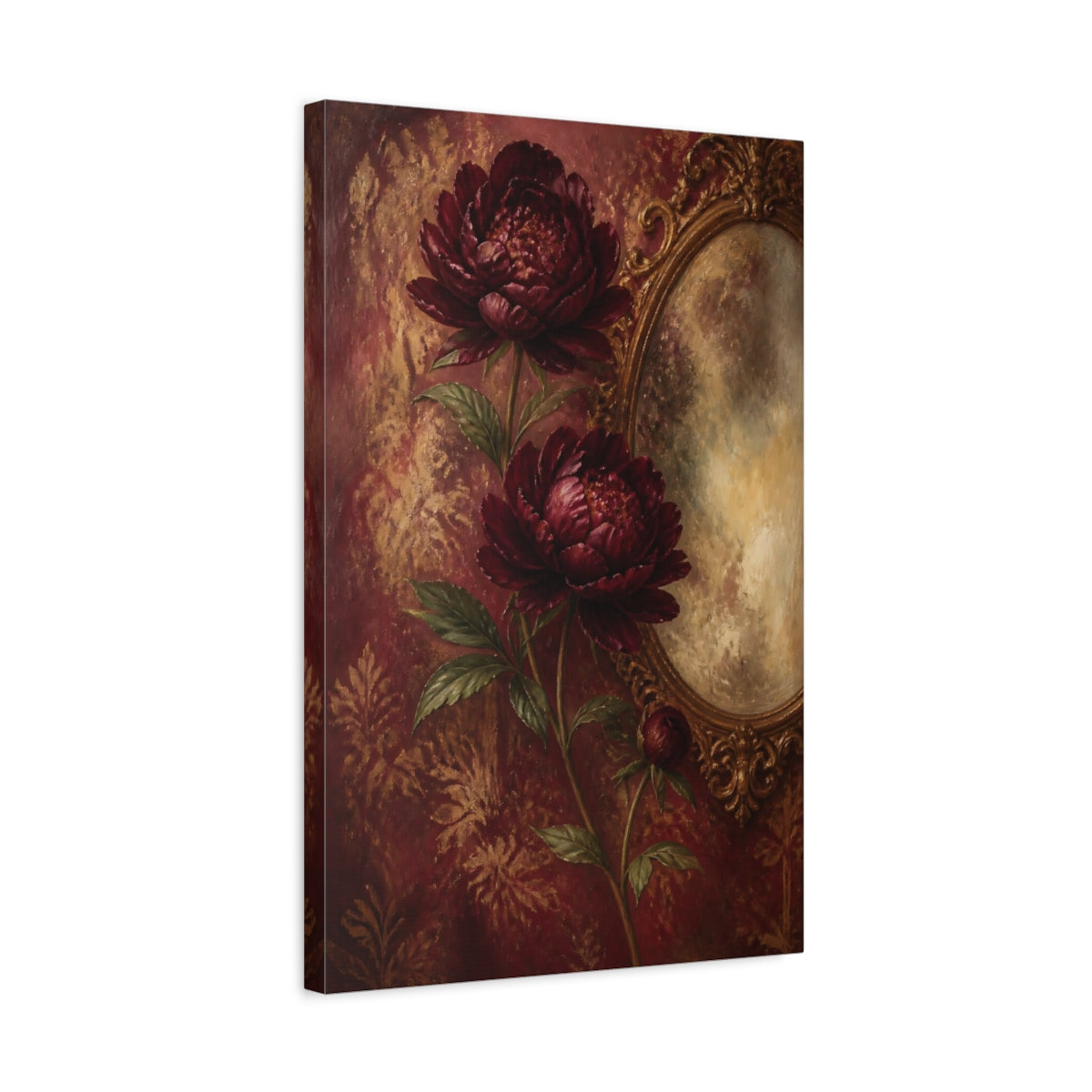 Side Mockup 3. Deep Maroon Peony Flowers shown as canvas print
