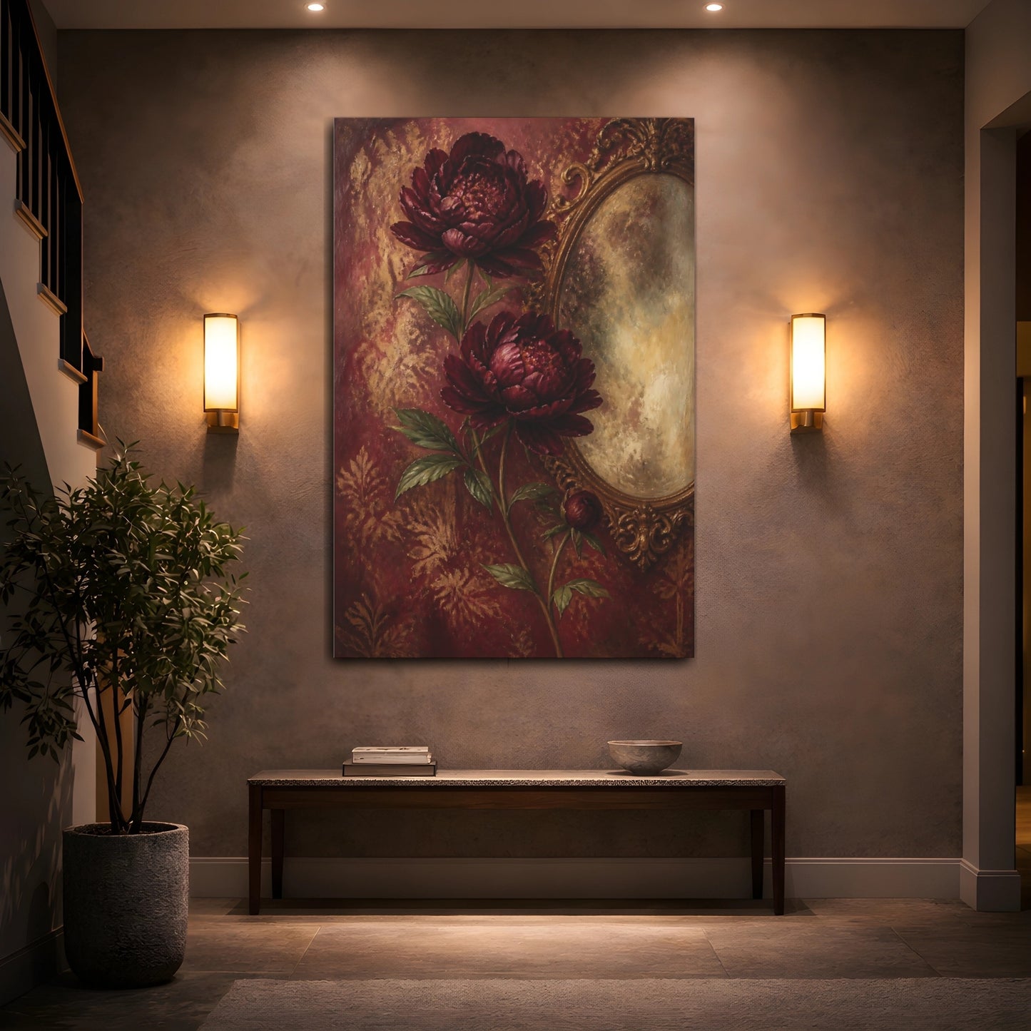 Mockup 2. Deep Maroon Peony Flowers shown as canvas print