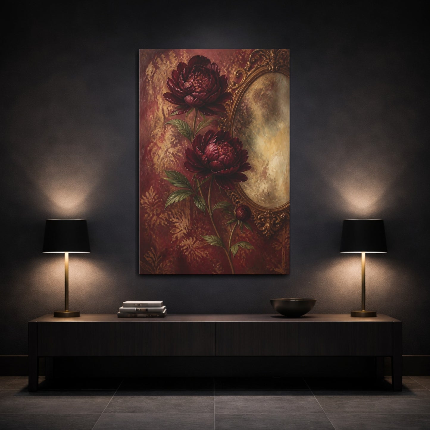 Mockup 3. Deep Maroon Peony Flowers shown as canvas print