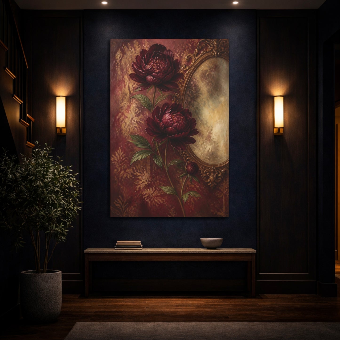 Mockup 4. Deep Maroon Peony Flowers shown as canvas print
