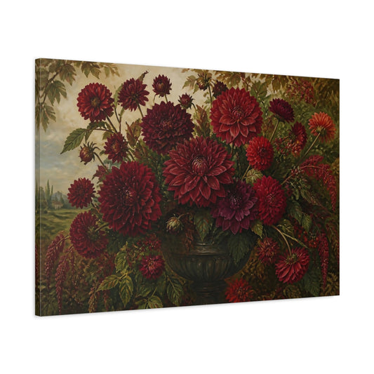 Main Mockup. Deep Red Dahlia Bouquet shown as canvas print