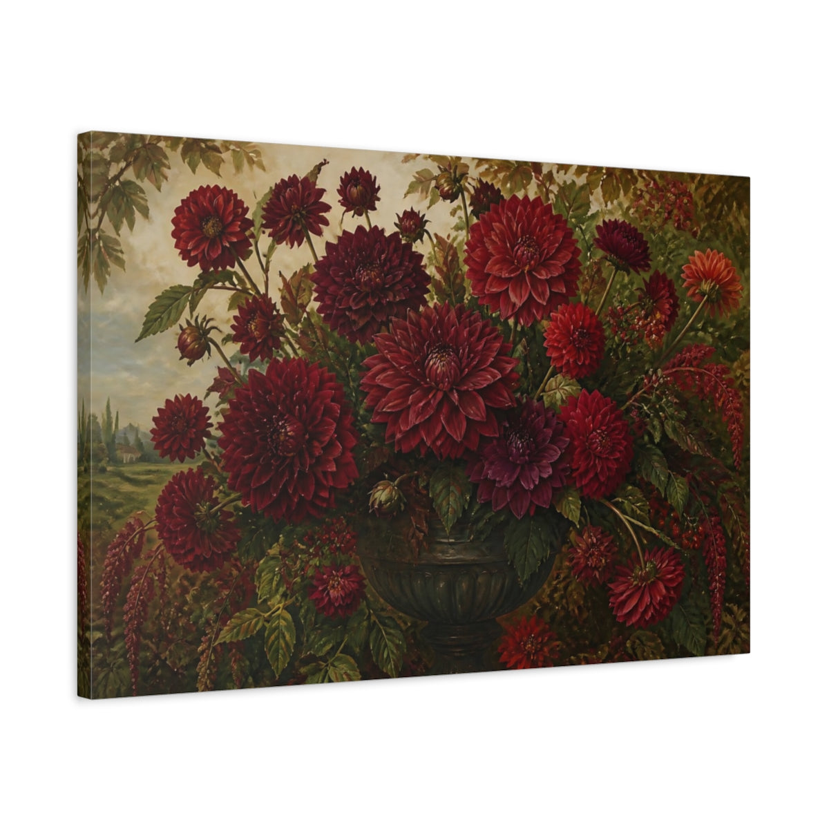 Side Mockup 2. Deep Red Dahlia Bouquet shown as canvas print
