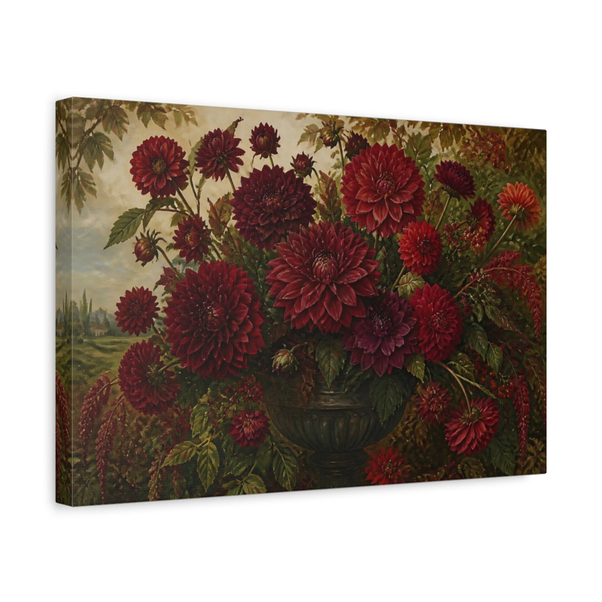 Side Mockup 4. Deep Red Dahlia Bouquet shown as canvas print