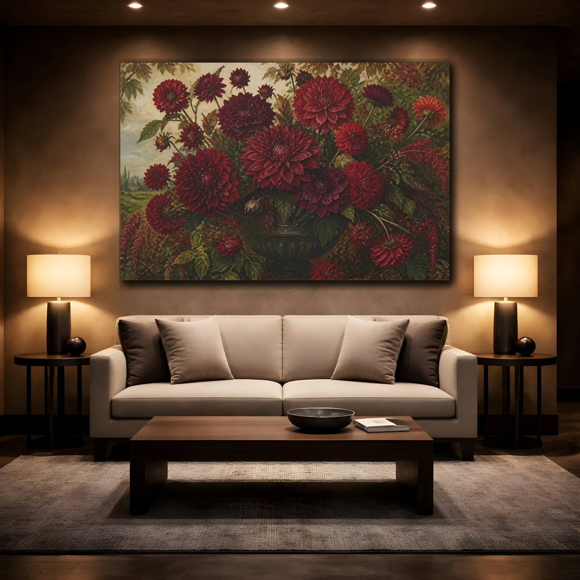 Mockup 2. Deep Red Dahlia Bouquet shown as canvas print