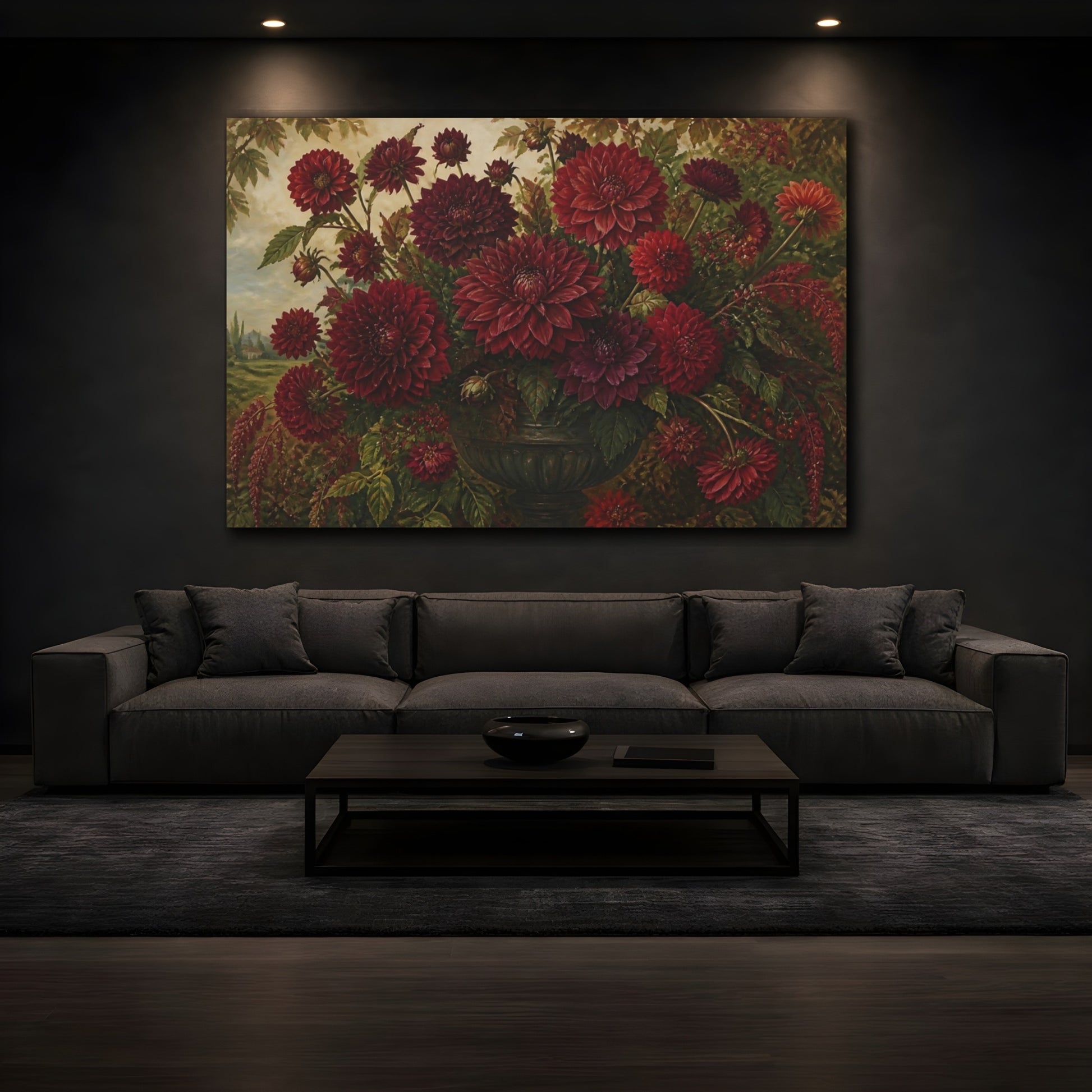 Mockup 3. Deep Red Dahlia Bouquet shown as canvas print