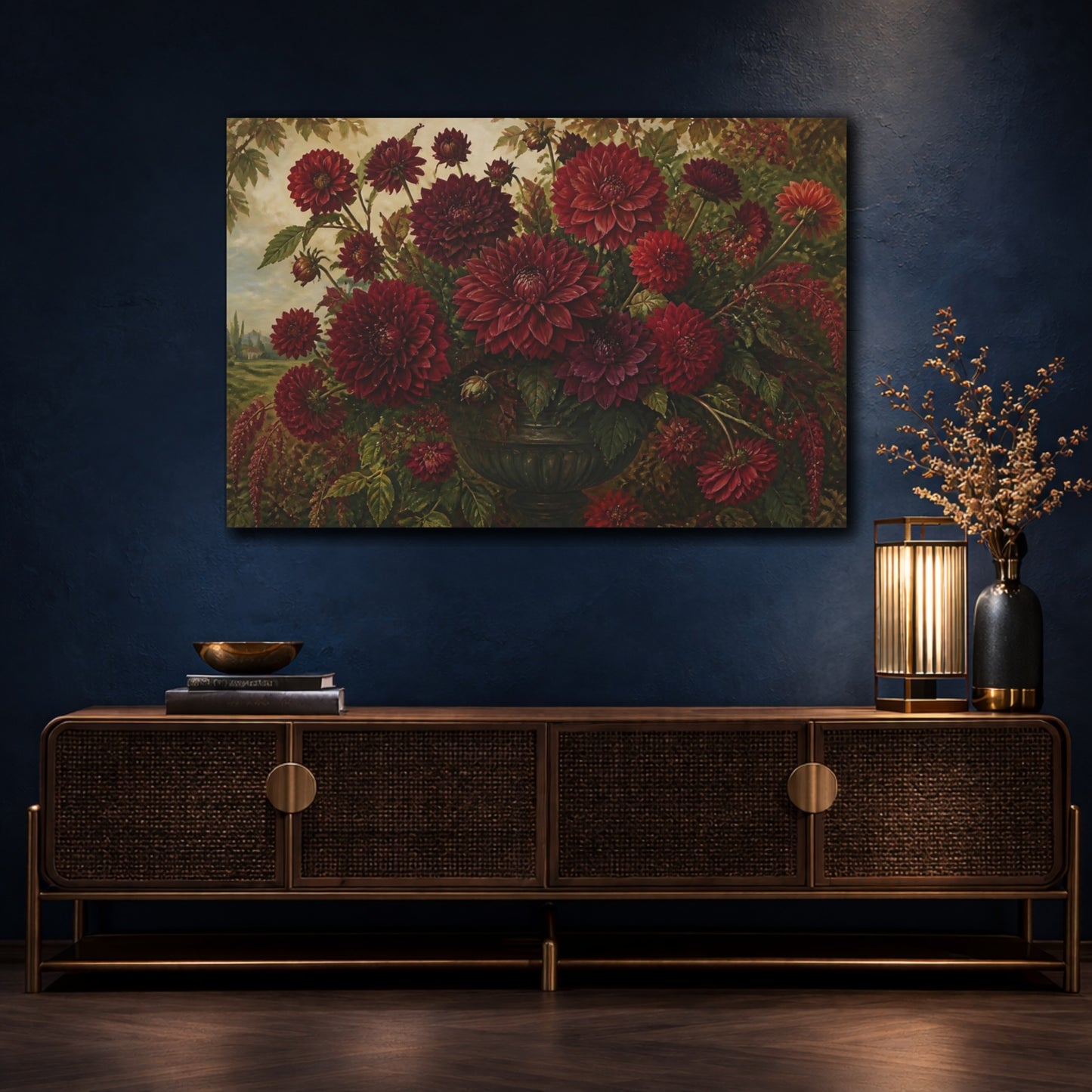 Mockup 4. Deep Red Dahlia Bouquet shown as canvas print