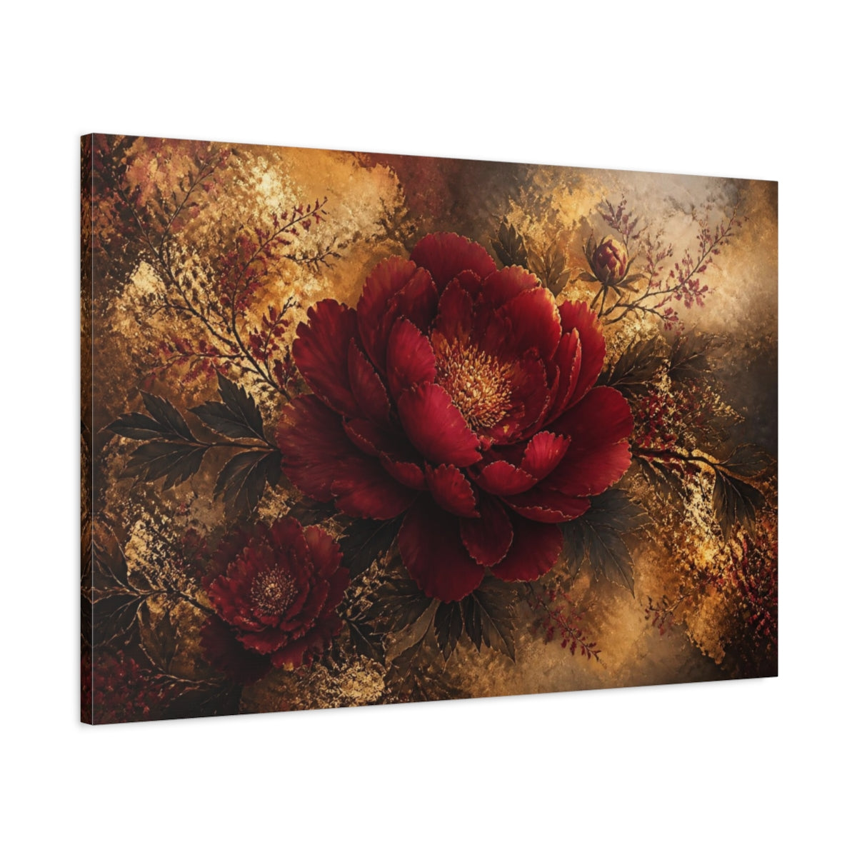 Main Mockup. Deep Ruby Peony Bloom shown as canvas print