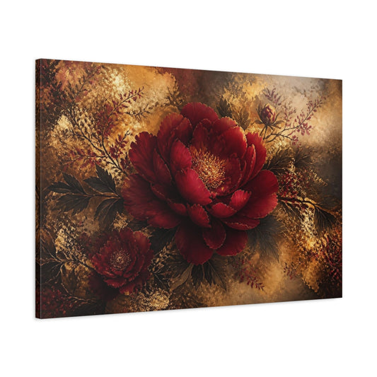 Main Mockup. Deep Ruby Peony Bloom shown as canvas print