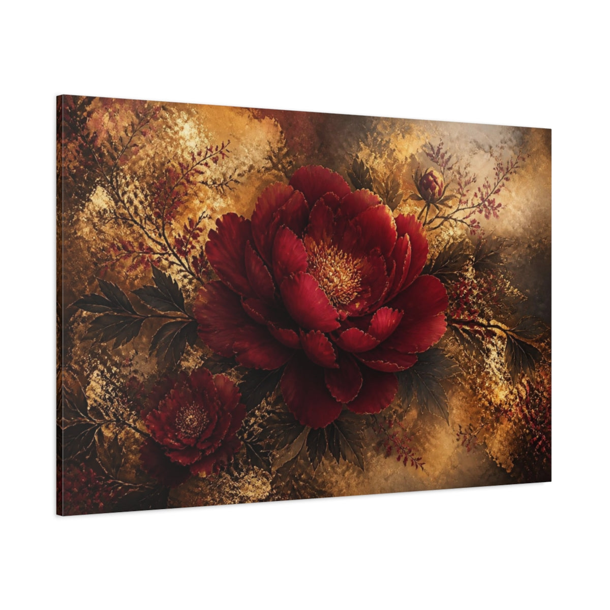Side Mockup 1. Deep Ruby Peony Bloom shown as canvas print
