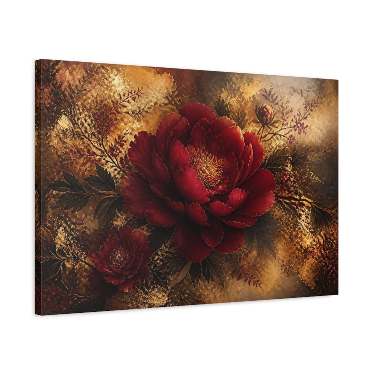 Side Mockup 2. Deep Ruby Peony Bloom shown as canvas print