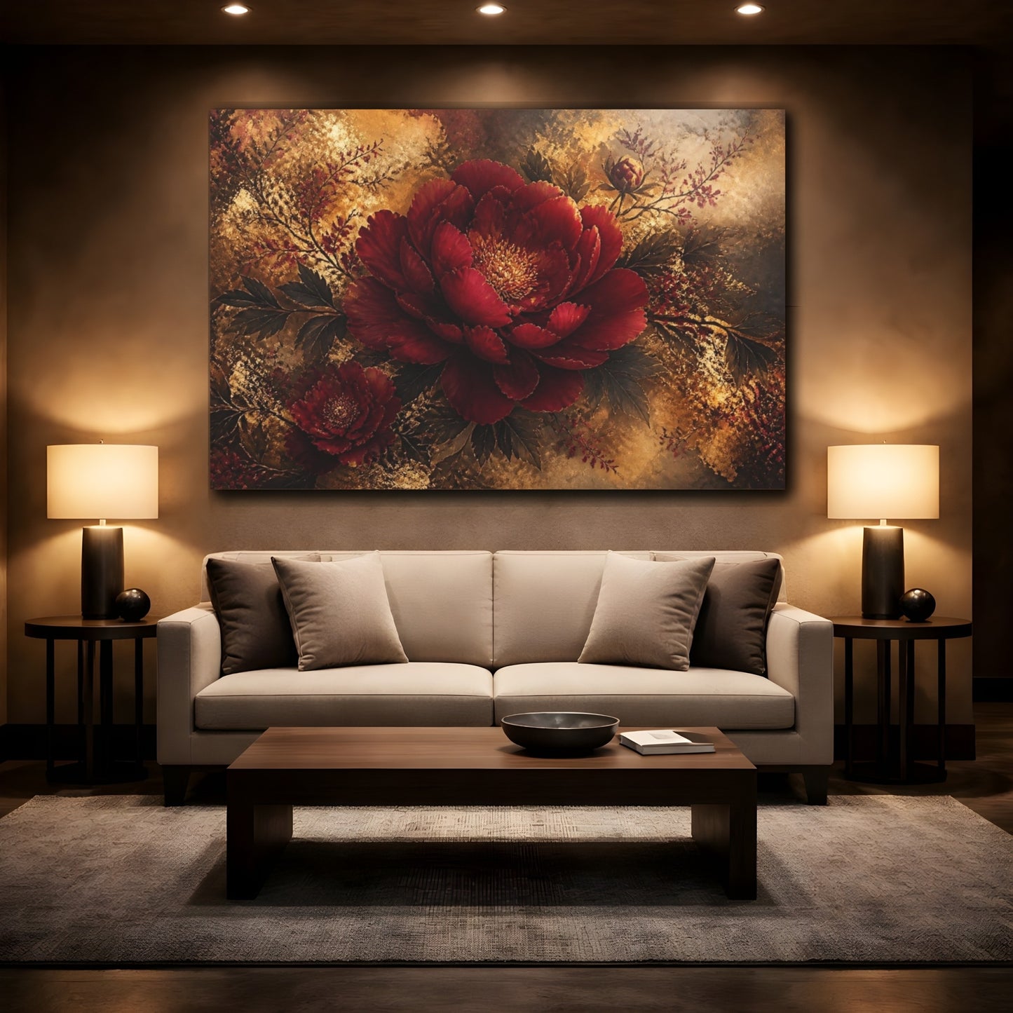 Mockup 2. Deep Ruby Peony Bloom shown as canvas print