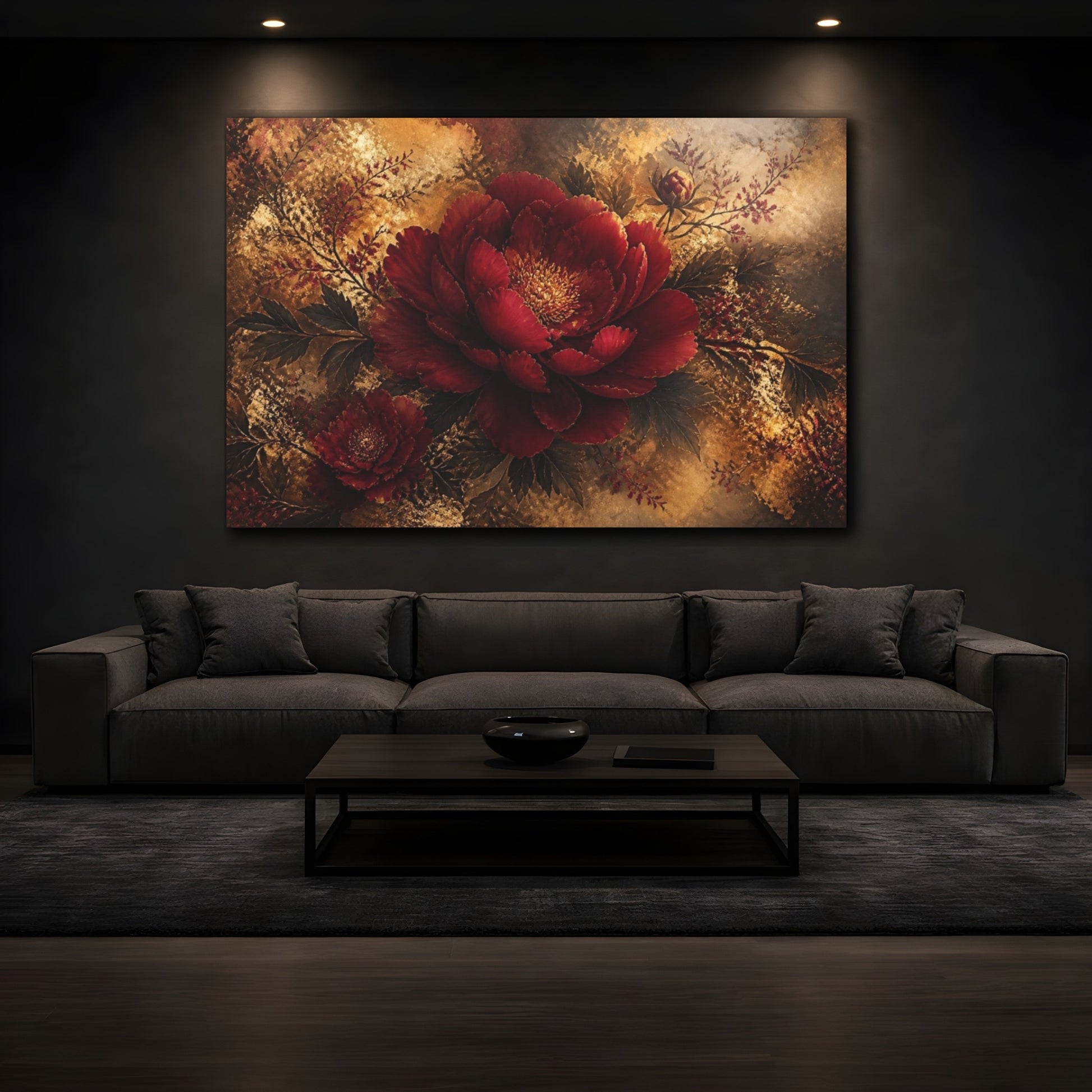 Mockup 3. Deep Ruby Peony Bloom shown as canvas print