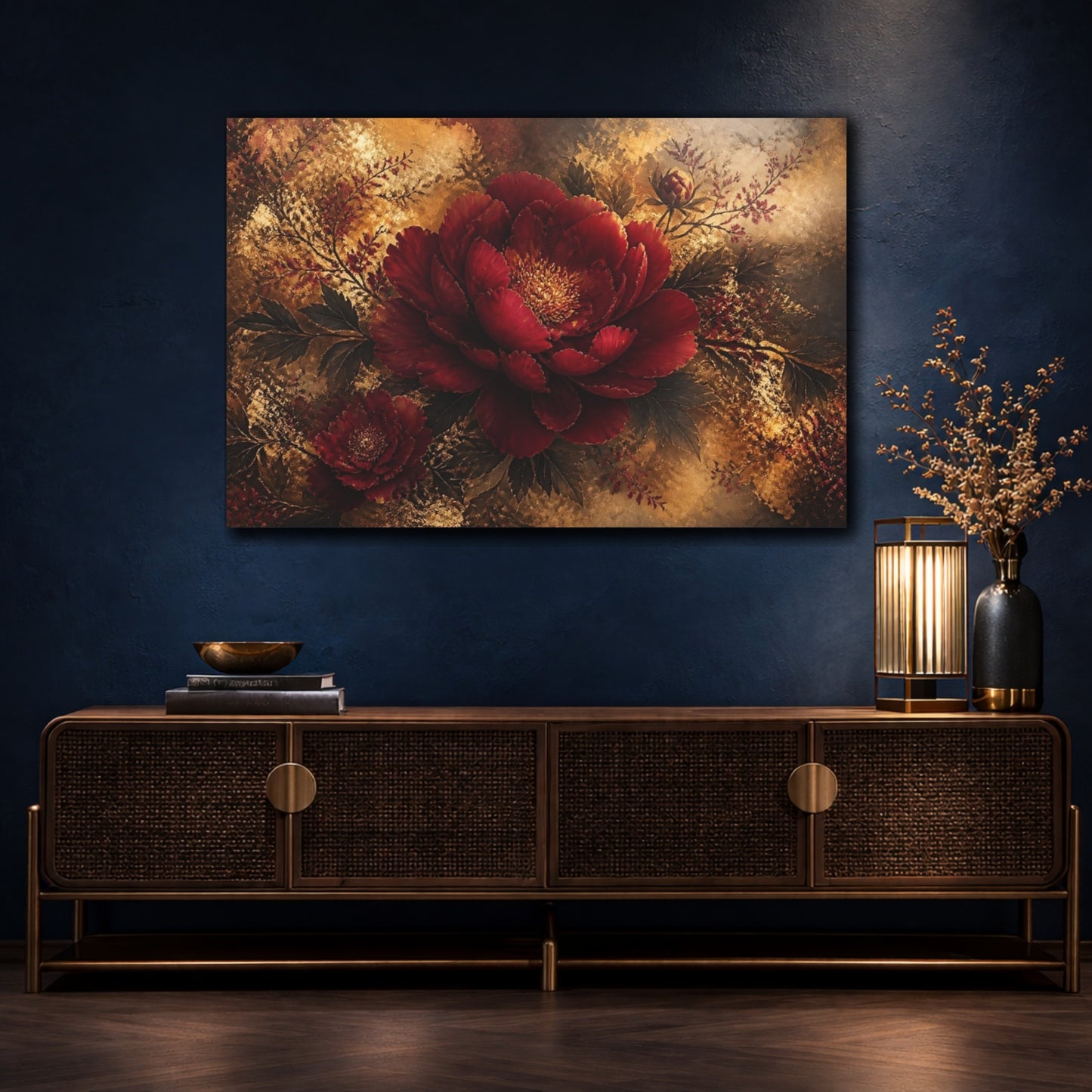 Mockup 4. Deep Ruby Peony Bloom shown as canvas print