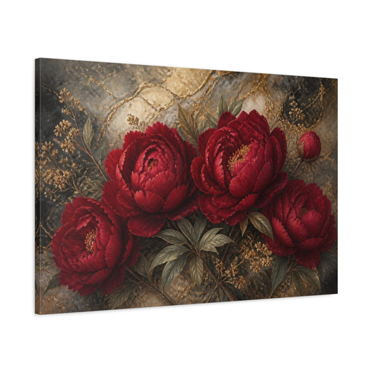 Main Mockup. Deep Scarlet Peony Bouquet shown as canvas print