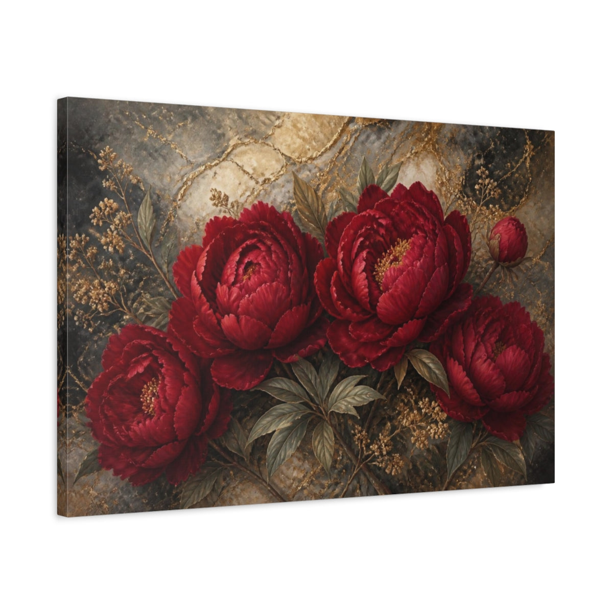Side Mockup 2. Deep Scarlet Peony Bouquet shown as canvas print