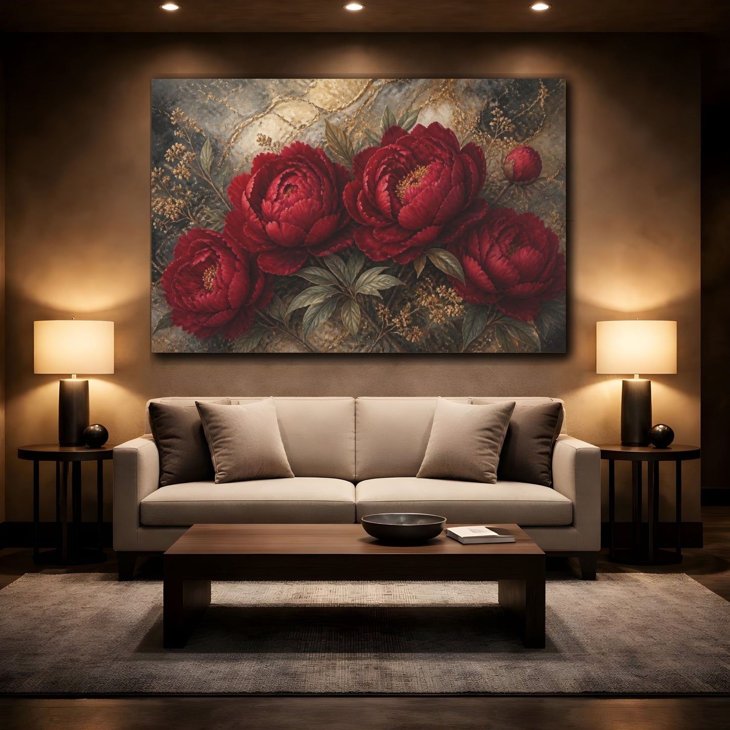 Mockup 2. Deep Scarlet Peony Bouquet shown as canvas print