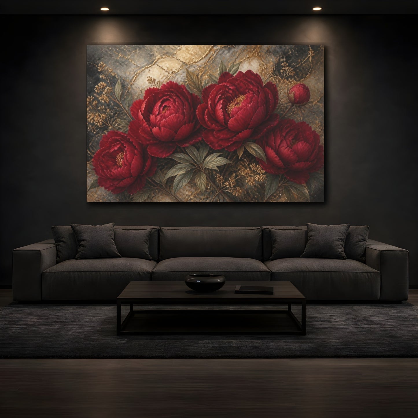 Mockup 3. Deep Scarlet Peony Bouquet shown as canvas print