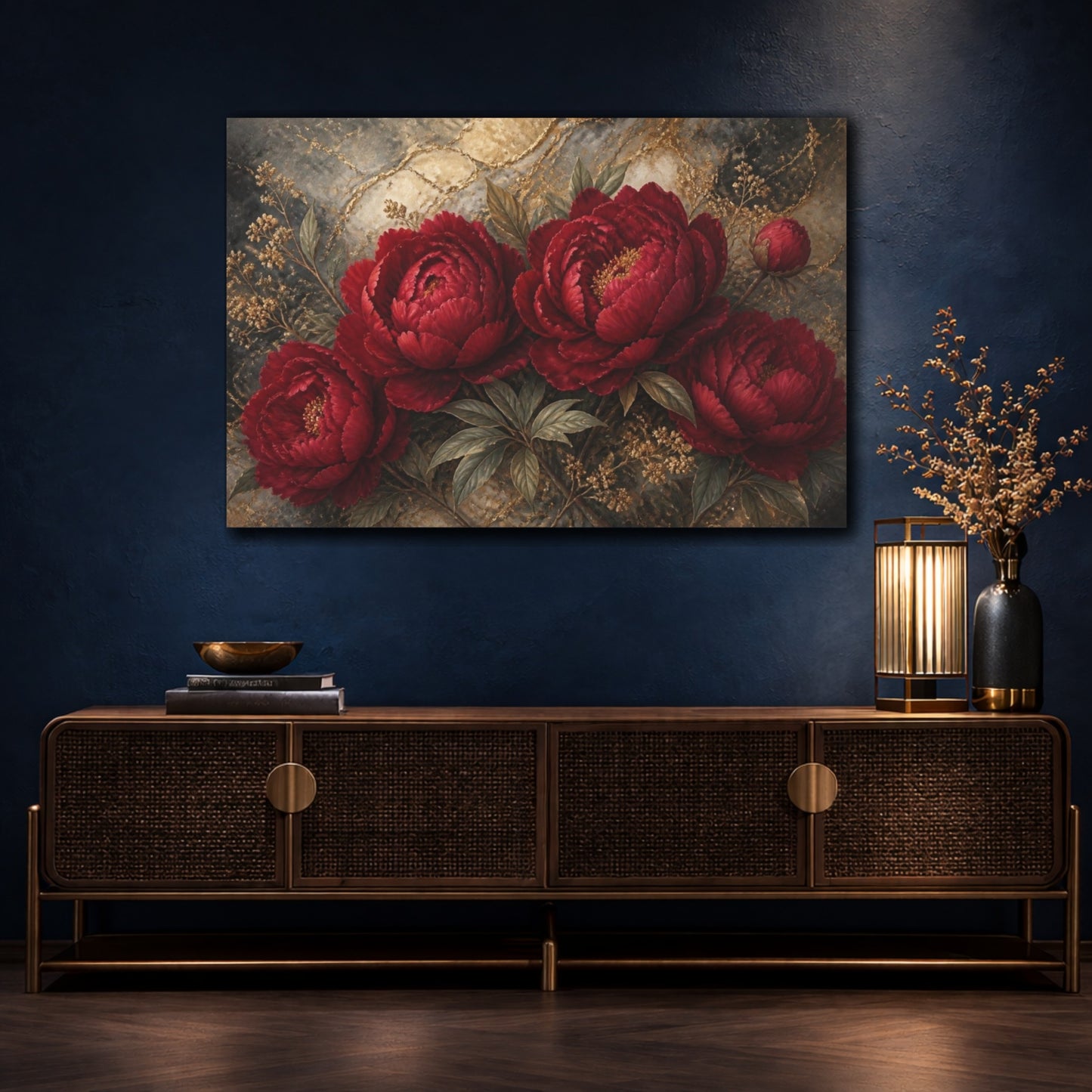 Mockup 4. Deep Scarlet Peony Bouquet shown as canvas print