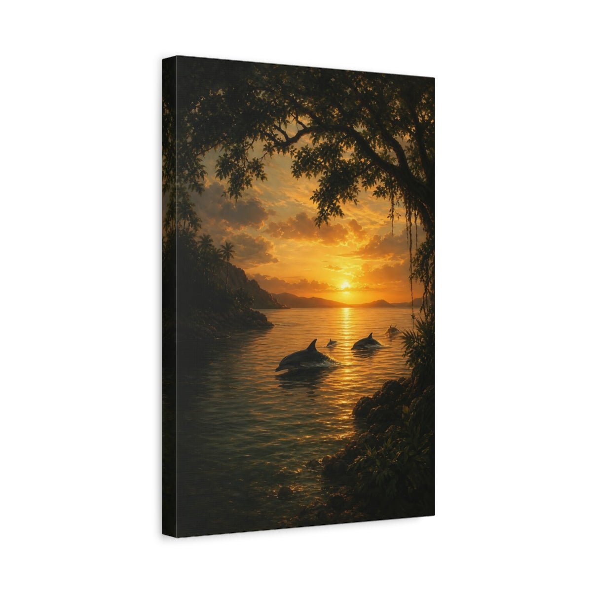 Deep Toned Wilderness Oil Painting Dolphins Canvas Wall Art Print – Realistic Living Room, Above Sofa - YesArtYes