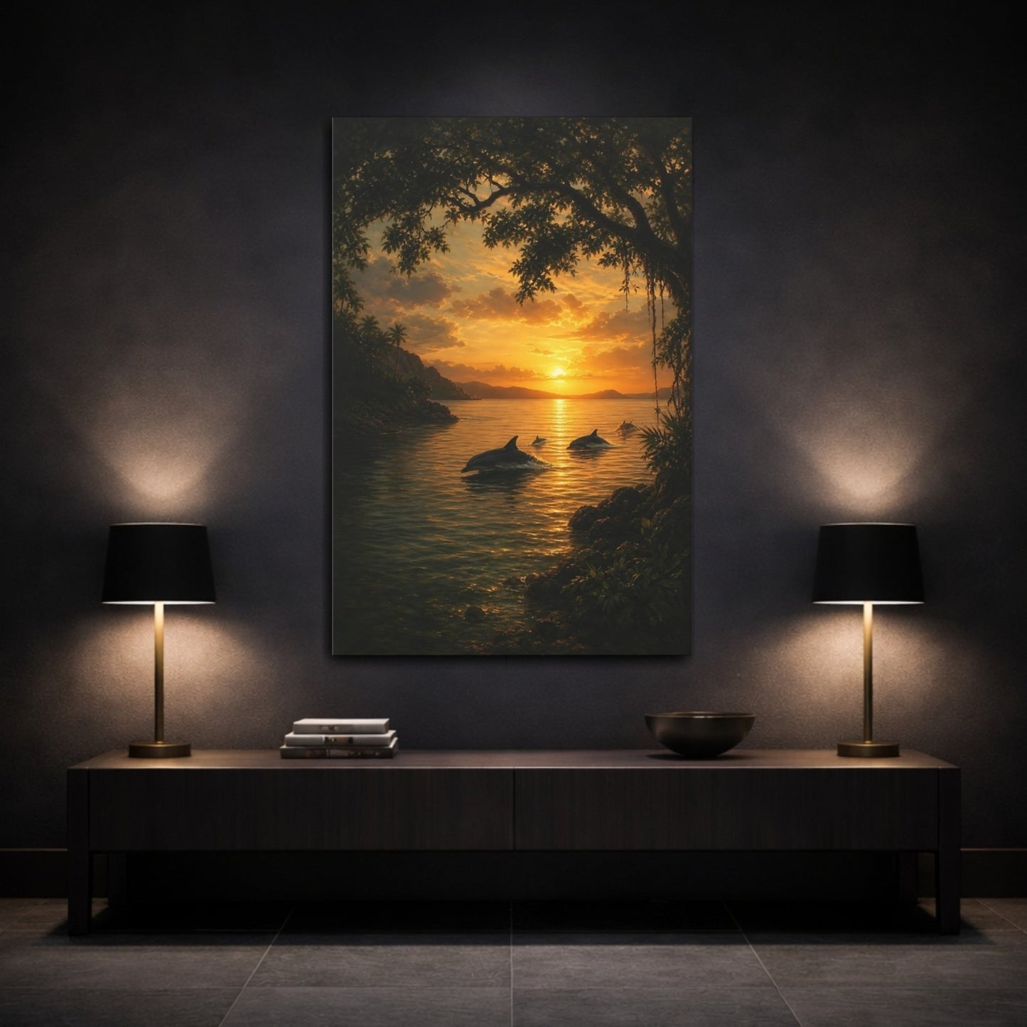 Deep Toned Wilderness Oil Painting Dolphins Canvas Wall Art Print – Realistic Living Room, Above Sofa - YesArtYes
