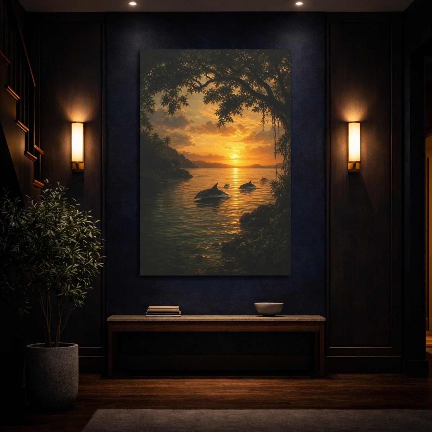Deep Toned Wilderness Oil Painting Dolphins Canvas Wall Art Print – Realistic Living Room, Above Sofa - YesArtYes