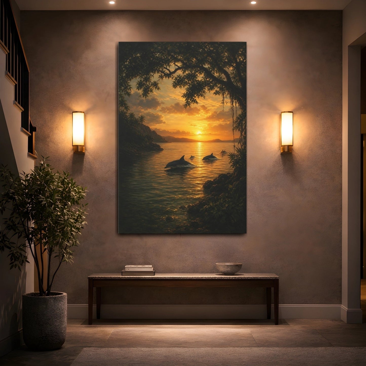 Deep Toned Wilderness Oil Painting Dolphins Canvas Wall Art Print – Realistic Living Room, Above Sofa - YesArtYes