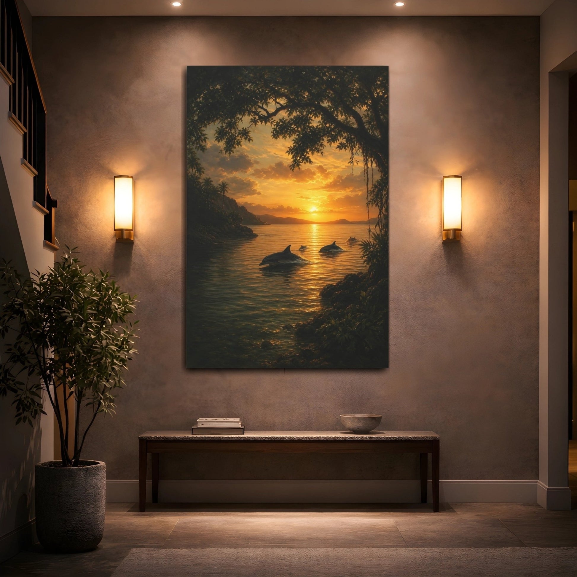 Deep Toned Wilderness Oil Painting Dolphins Canvas Wall Art Print – Realistic Living Room, Above Sofa - YesArtYes