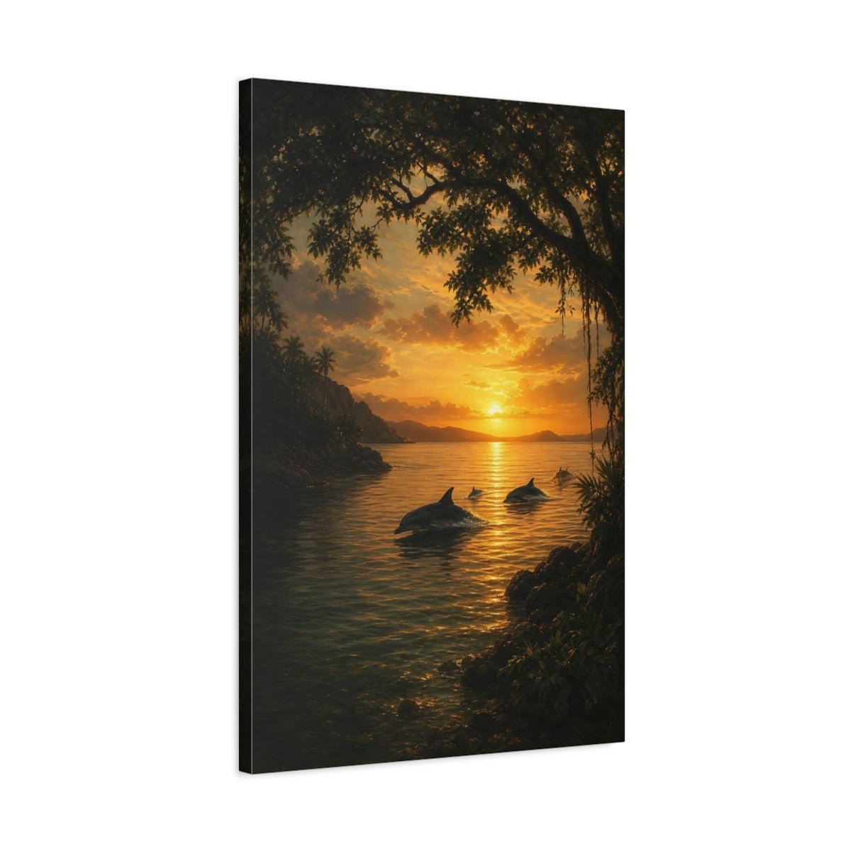 Deep Toned Wilderness Oil Painting Dolphins Canvas Wall Art Print – Realistic Living Room, Above Sofa - YesArtYes