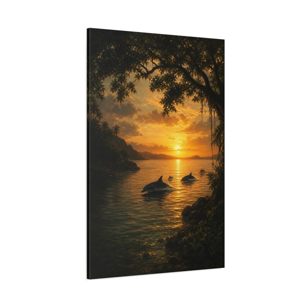 Deep Toned Wilderness Oil Painting Dolphins Canvas Wall Art Print – Realistic Living Room, Above Sofa - YesArtYes