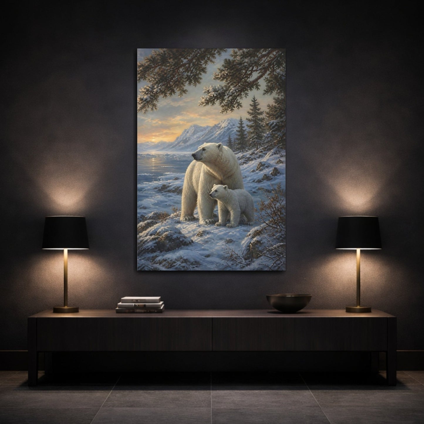 Deep Toned Wilderness Oil Painting Polar Canvas Wall Art Print – Realistic Living Room, Above Console Table - YesArtYes