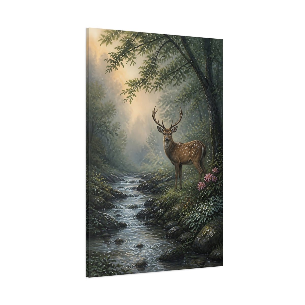 Deer By Stream Animals Canvas Print – Living Room, Above Sofa, Muted Greens - YesArtYes