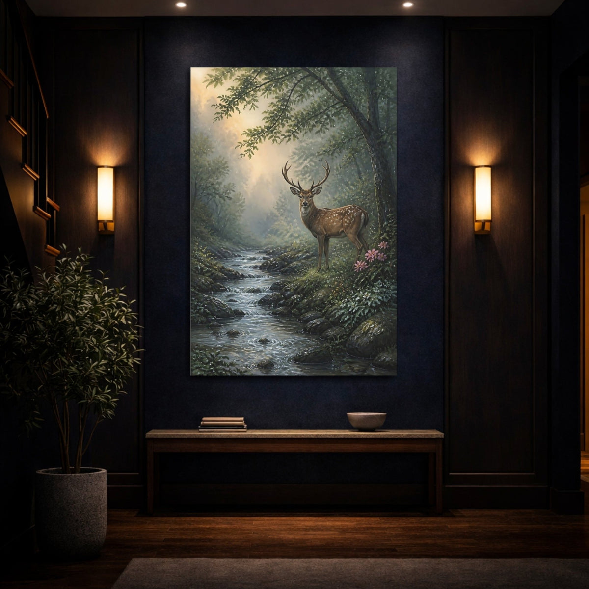 Deer By Stream Animals Canvas Print – Living Room, Above Sofa, Muted Greens - YesArtYes
