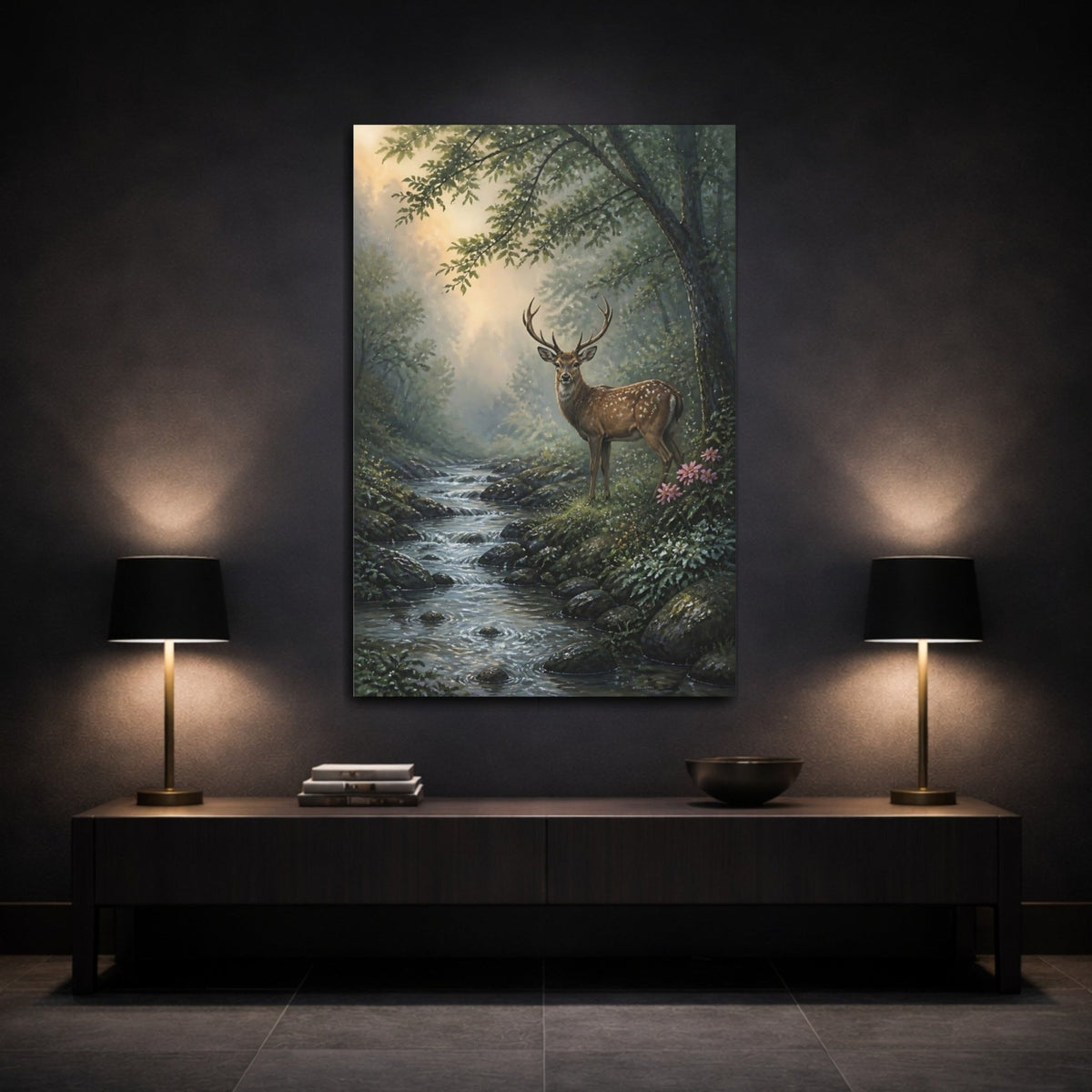 Deer By Stream Animals Canvas Print – Living Room, Above Sofa, Muted Greens - YesArtYes