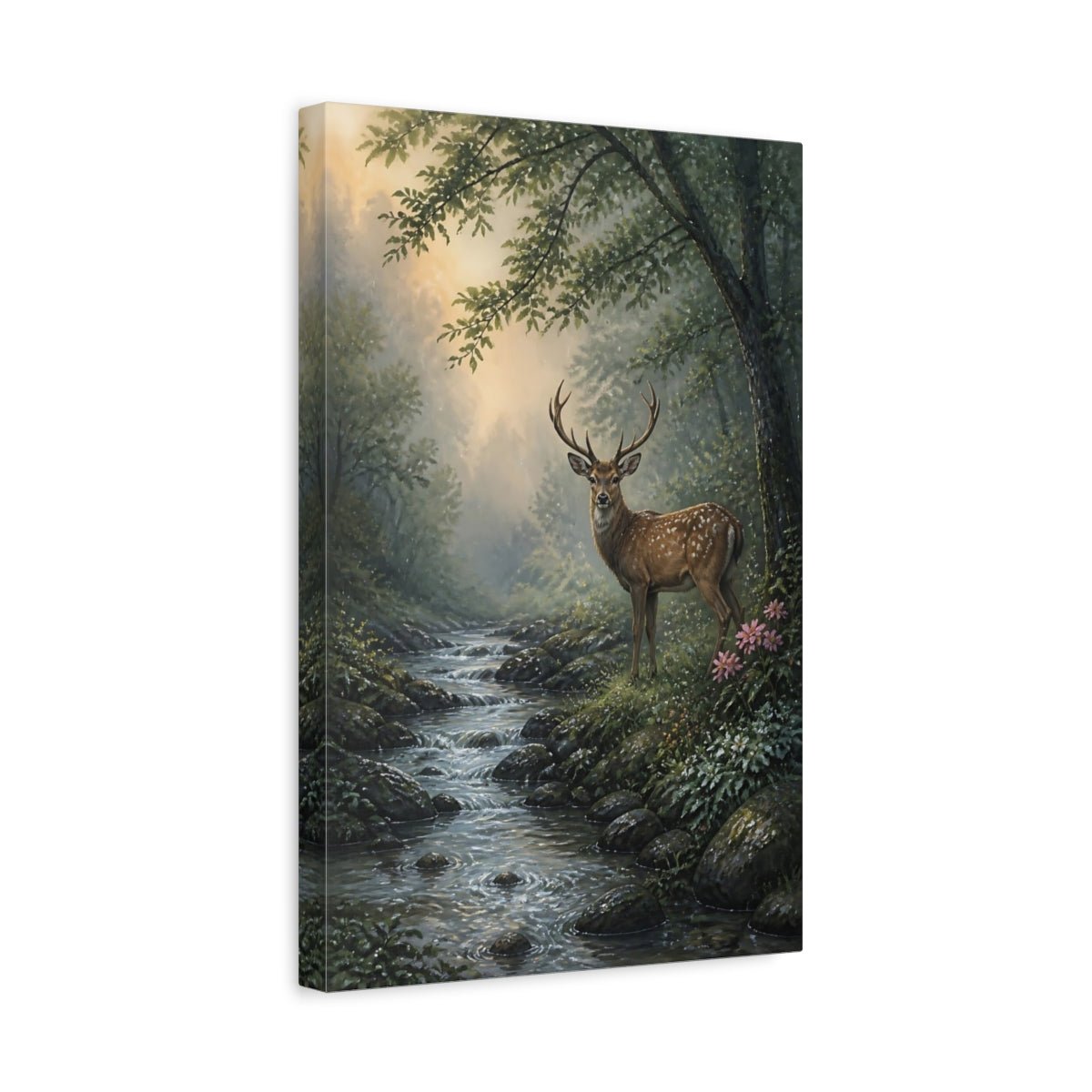 Deer By Stream Animals Canvas Print – Living Room, Above Sofa, Muted Greens - YesArtYes