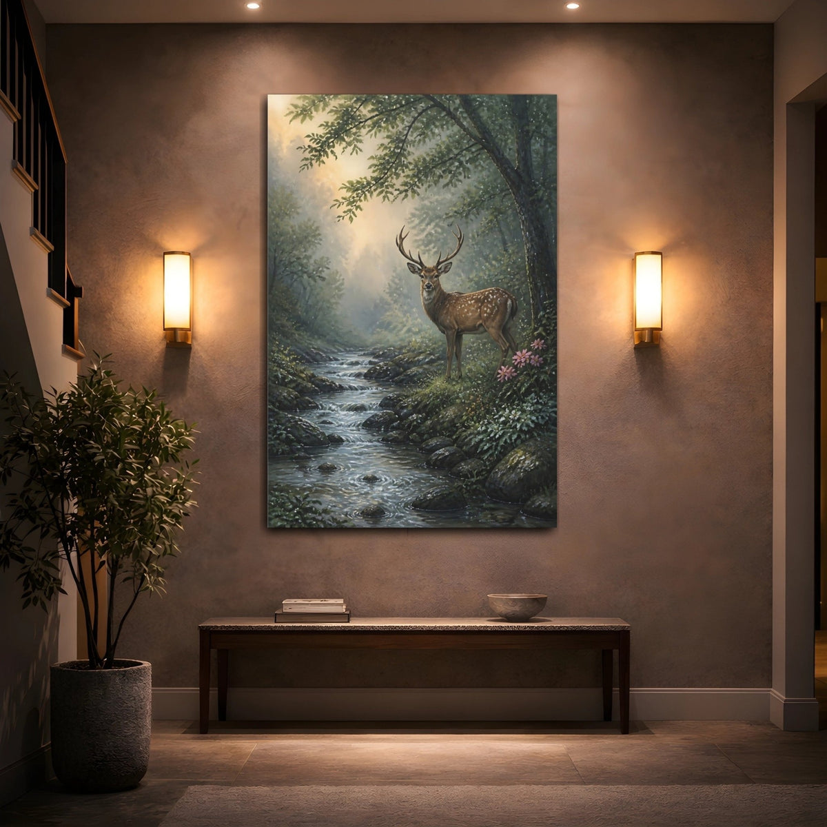 Deer By Stream Animals Canvas Print – Living Room, Above Sofa, Muted Greens - YesArtYes