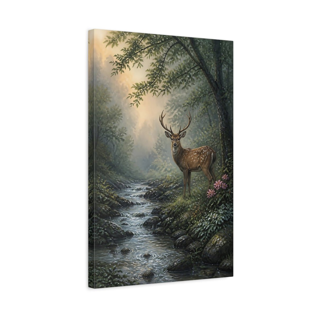 Deer By Stream Animals Canvas Print – Living Room, Above Sofa, Muted Greens - YesArtYes