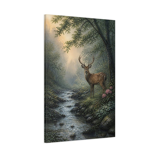 Deer By Stream Animals Canvas Print – Living Room, Above Sofa, Muted Greens - YesArtYes