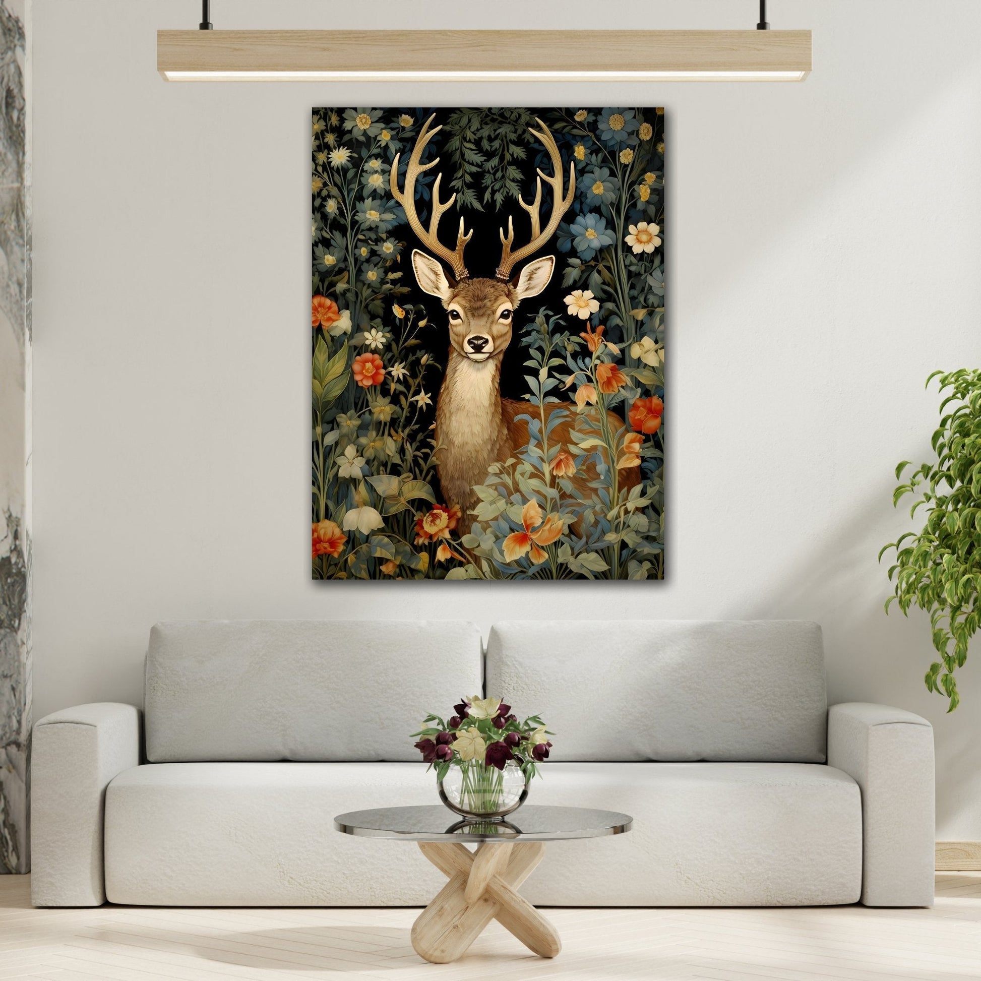 Deer in Floral Nature Forest - Framed Animal Canvas Wall Art Painting Prints