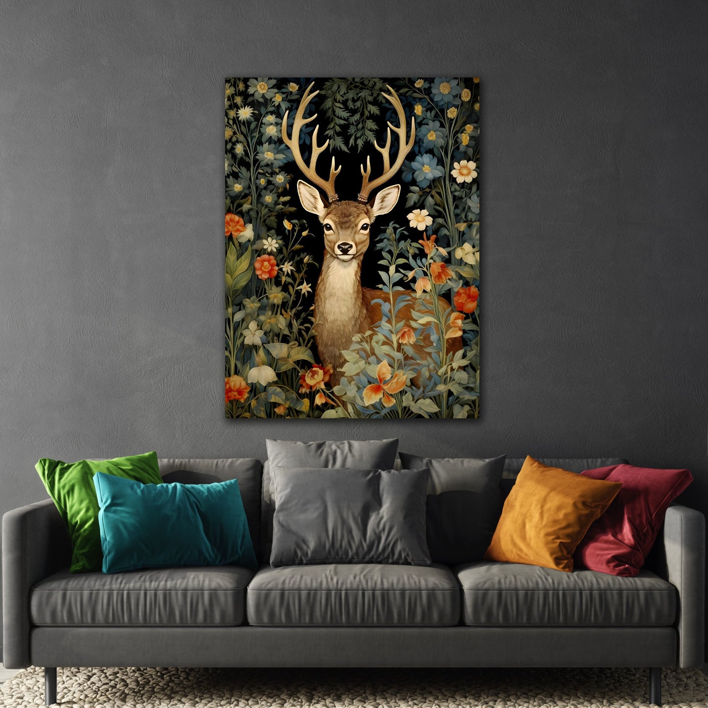 Deer in Floral Nature Forest - Framed Animal Canvas Wall Art Painting Prints